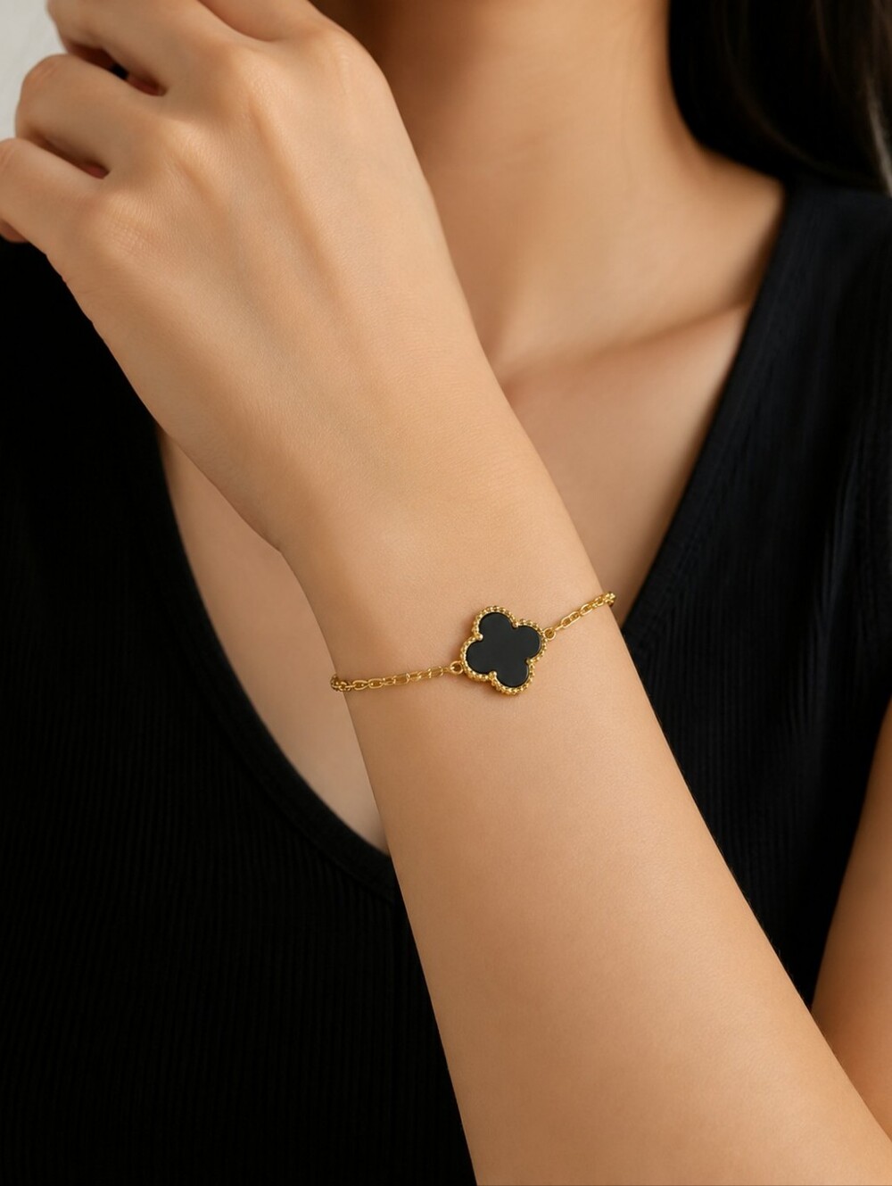 Gold-Tone Women’s Clover Bracelet with Black Inlay